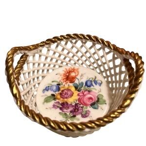 Dresden Mini Porcelain Basket, Reticulated • Floral • Gold Trim • Made in Saxony